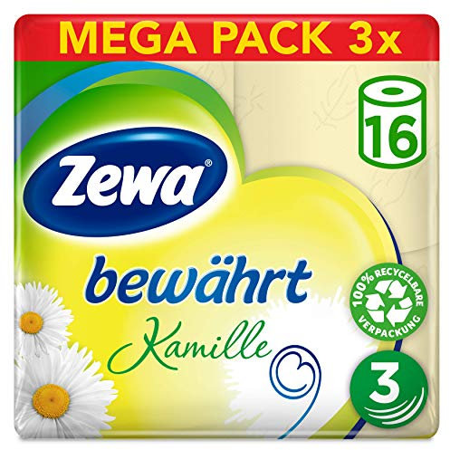 Zewa bewährt Kamille Toilettenpapier, weiches WC-Papier 3-lagig mit angenehmen Kamillen-Duft, 1 x Vorratspack mit 48 Rollen (3 x 16 Rollen)