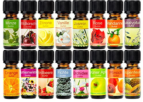 Duftöl 16er SET Duftoel, Oel mit den Dueften Wildkirsche, Fichte, Blumenwiese, Jasmin, Vanille, Rose, Orange, Minze, Mandarine, Tropenfeuer, Pfirsich, Eukalyptus, Orchidee, Erdbeere, Grüner Apfel, Zitrone, Raumduft, 16x 10 ml