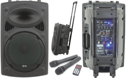 QTX 12 Active Portable PA Speaker System - inc 2 Wireless VHF Microphones and Trolley
