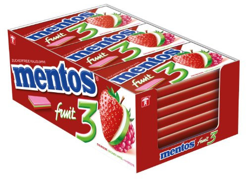 Mentos Gum Fruit 3, Fresa-Manzana Verde-Frambuesa,sin Azúcar, 12 Paquetes de 14 Chicles cada Uno