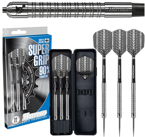 Harrows SUPERGRIP Darts-Set mit 90% Wolframstahlspitze. Erhältlich in 21 g, 22 g, 23 g, 24 g, 25 g, 26 g, 28 g und 30 g – inklusive Supergrip-Schäften, Supergrip-Flights und Reiseetui