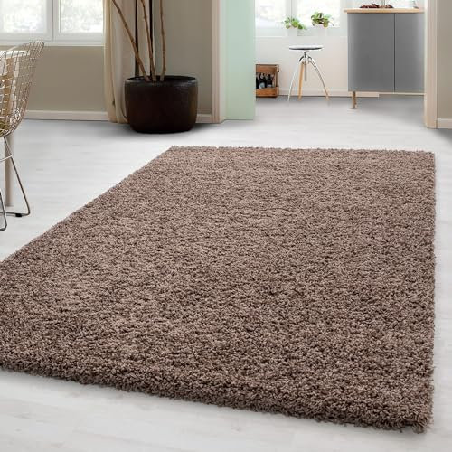 Carpetsale24 Shaggy Hochflor Teppich Wohnzimmer 140 x 200 cm Mokka - Moderner, Flauschiger Langflor Teppich – Weicher Carpet für Schlafzimmer, Esszimmer & als stilvoller Küchenteppich