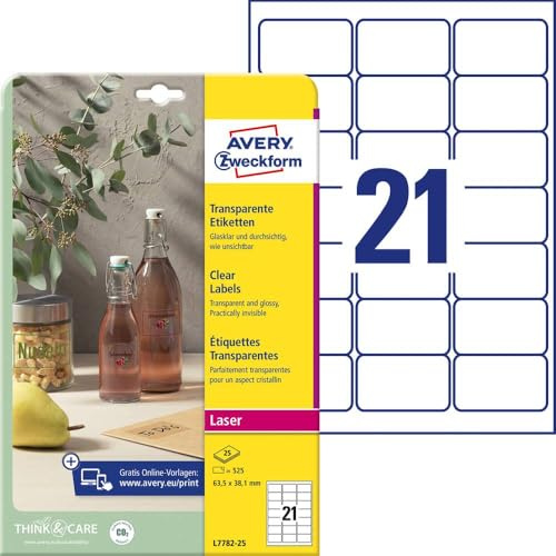 AVERY Zweckform L7782-25 transparente Etiketten (525 Klebeetiketten, 63,5x38,1mm auf A4, selbstklebend, Aufkleber zum Bedrucken, wetterfest, Beschriftungen/Produktaufkleber) 25 Blatt, durchsichtig