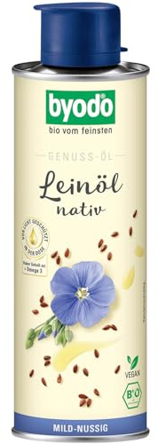 Byodo Bio Leinöl I 4 x 250ml Dose I Kaltgepresstes Speiseöl | Mild-nussiger Geschmack I Reich an Omega 3 I Lichtgeschützte Weißblechdose I Natives Leinöl für Müsli, Smoothies & Salate