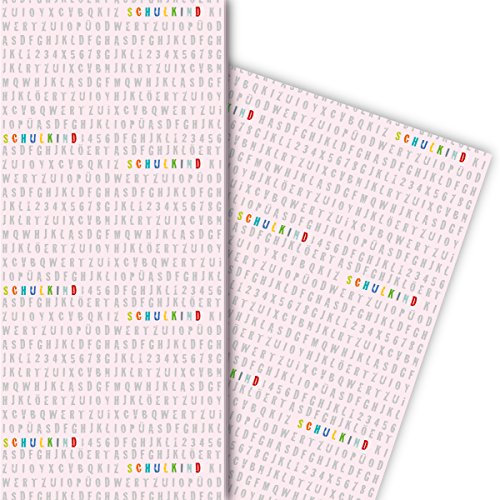 Cooles Einschulungs Geschenkpapier Set (4 Bogen) Dekorpapier mit Alphabet Schulkind , rosa, für tolle Geschenk Verpackung und Überraschungen zum Schulanfang 32 x 48cm