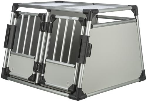 TRIXIE caisse double transport Aluminium – caisse pour deux chiens jusqu’à 50 kg, 93 × 64 × 83 cm, avec cloison amovible, fermeture de sécurité frontale & tapis antidérapant