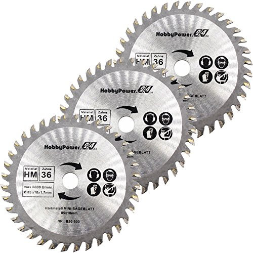 3 Stück Mini Handkreissäge 3er-Set HM Sägeblatt Holz Ø 85x10mm 36 Zähne für Alpha Tools A-MHS 450