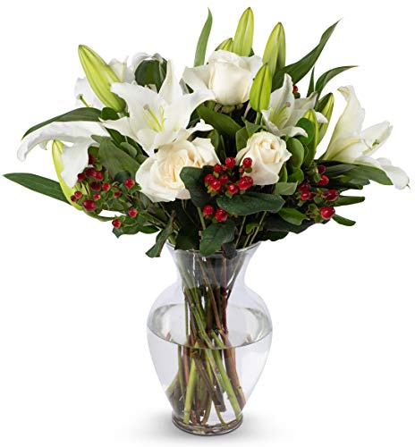 Benchmark Bouquets - White Roses Elegance (Glass Vase Included) - Fresh Flowers for Delivery - Gift for Birthday, Anniversary, Sympathy, Get Well, Congratulations, Just Because, Wedding