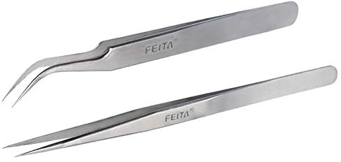 Pince à cils - Pince à épiler FEITA Precision Extension pour cils - Pince à épiler à bouts très fins, droits et courbes, pour extensions de cils - Argent - 2Pcs