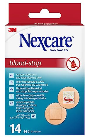 Nexcare Blood-Stop Spots, 22 mm, 14 Plasters per Pack, Efficient Blood Stop Plasters for Small Cuts and Wounds, Bandages for First Aid Kits
