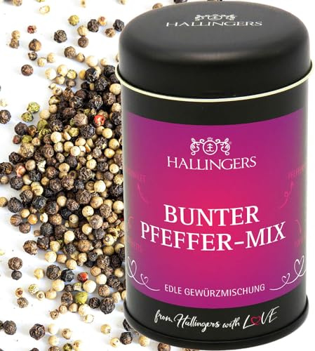 Hallingers Genuss Manufaktur Pfeffer Geschenk - Gourmet-Qualität zum Kochen in edler Geschenk-Dose Bunter Pfeffer-Mix für Pfeffermühle, Fleisch & Fisch, Geschenkidee für Frauen Männer
