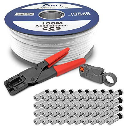 ARLI HD Sat Kabel 100 m Koaxialkabel 135 dB Koaxial 5-fach geschirmt inkl. Kompressionszange Abisoliermesser 50 x F Kompressionsstecker Satkabel TV Antennenkabel Koax 4K