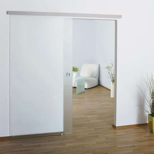 BIJON Glasschiebetür Komplettset aus 8mm ESG Glas | Glastür Schiebetür mit Muschelgriff und 15mm Wandabstand, Vollsatiniert - SO3 DIN Links - 900x2050 mm