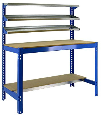 Simon Rack Banco de Trabajo Taller, Capacidad Carga 400 kg, 1445x910x610 mm, Mesa de Trabajo, Azul/Madera - BT1