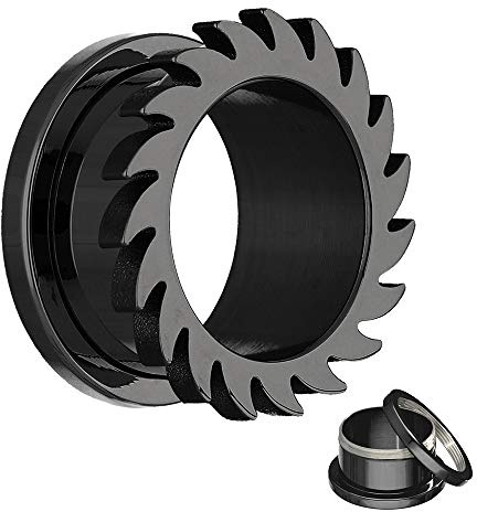 Treuheld® | SÄGEBLATT FLESH TUNNEL - KREISSÄGE - SCHWARZ - 17 Größen: 2-30mm mit GEWINDE zum Schrauben - witziger Piercing Ohr Plug - Chirurgenstahl 316L Edel-Stahl - lustiger Tunnel-Schmuck