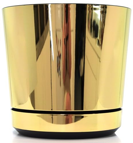 KERD Pot De Fleur Rond 32 cm Or Brillant – Plastique Recyclé – Décoré Manuellement – avec Soucoupe – Drainage Intégré – Brillant – Fabriqué en Europe