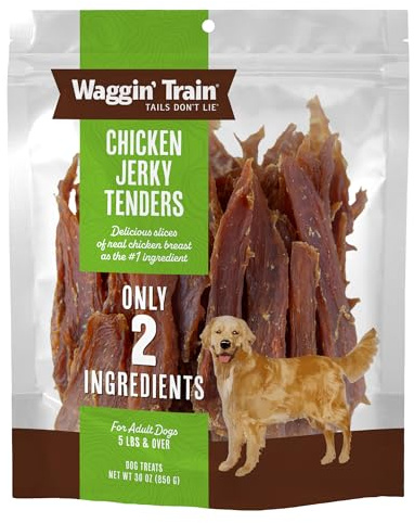 Waggin' Train Chicken Jerky Dog Treats, Made with 100% Real Chicken Breasts, Only Two All-Natural Ingredients, Great High Protein Dog Treat, Easily Digestible for Big or Small Dogs, 30 oz. Pouch