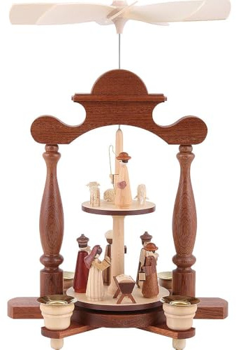 Müller German christmas pyramid Nativity scene, 2 platforms, 1-tier, height 30 cm / 12 inch, natural, original Erzgebirge by Mueller Seiffen