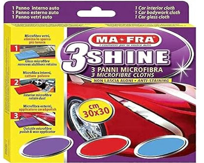 Ma-Fra, 3Shine, Tris Panni in Microfibra per Pulizia Vetri, Esterni ed Interni Auto, Multicolore