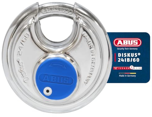 ABUS Diskus Vorhängeschloss 24IB/60 aus Edelstahl - mit 360° Rundumschutz - zur Sicherung bei starken Witterungseinflüssen - 05584 - ABUS-Sicherheitslevel 7 - Silber/Blau | Bügel & Schlosskörper aus Edelstahl, 60 mm breit, für Transporter, LKW & Seehäfen geeignet