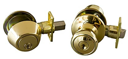 Design House Terrace Entry Door Knob and Single Cylinder Deadbolt Combo, Polished Brass, 6-Way Universal, 728329