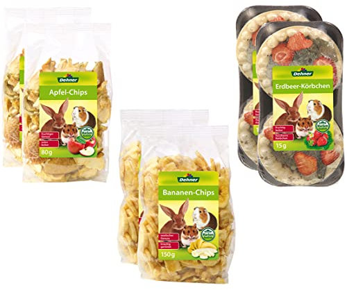 Dehner Lieblinge Nagersnack, Nagerfutter 100 % natürlich, Obst Mix, je 2 x Apfel-Chips (160 g), Bananen-Chips (300 g) und Erdbeer-Körbchen (30 g) (490 g)