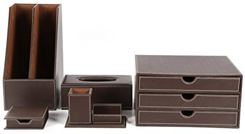 KINGFOM™ 5pcs Leder Schreibtisch Organizer Set - Inklusive Schubladenbox, Kosmetiktücherbox, Zeitschriftensammler Halter,Stifthalter mit Visitenkartenhalter und Zettelbox (T09-Braun)