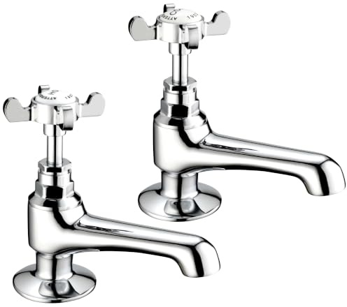 Deva CR19 Basin Chrome Mixers Hot & Cold Traditional Edwardian Coronation Style Era Cross Handle Pillar Faucet Tap – 12 Year Warranty, Set of 2 Pieces