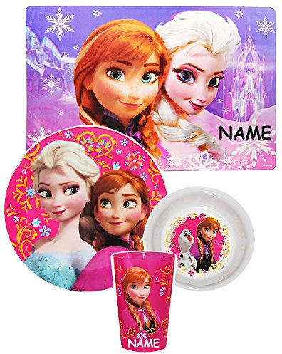 4 tlg. Geschirrset incl. Namen -  die Eiskönigin - Frozen  - Melamin - Trinkbecher + Teller + Müslischale + Platzdeckchen - Kindergeschirr - Frühstücksset M..