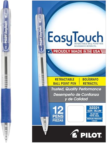 Pilot EasyTouch Refillable & Retractable Ballpoint Pens, Medium Point, Blue Ink Pens, 1.0mm, 12-Pack