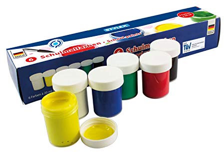 Stylex 28956 - Schulmalfarben im Set, 6 Malfarben für Kinder in den Farbtönen weiß, rot, blau, gelb, grün und schwarz, verschließbare Töpfchen á 20 ml