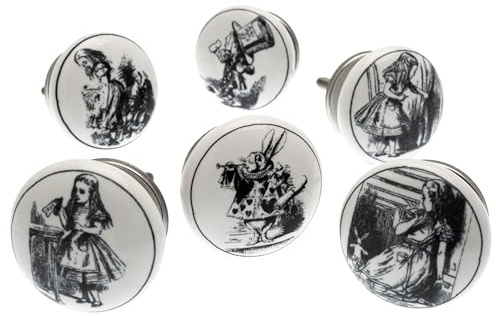 Mango Tree - Mixed Set of 6 'Alice in Wonderland' Shabby Chic Vintage Style Ceramic Cupboard Knobs (MG-28)