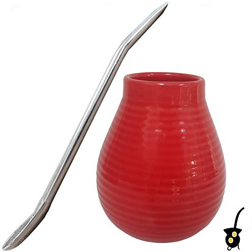 Gaucho Bruno Yerba Mate - Ensemble de Gourde et Paille - Tasse en Céramique, Paille Bombilla en Acier Inoxydable - Kit pour Boisson Maté Bio et Réutilisable – Maison et Voyage – 400ml - Rouge