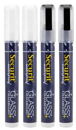Securit Vattentätt set med markörpennor i glas och svart tavla, medium spets, 4-pack – 2 x svarta flytande kritpennor, vattentäta markörpennor, 2 x vita fönstermarkörer för skyltar och visningsbrädor