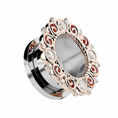 Piercingfaktor Flesh Tunnel Ohr Piercing Plug Ohrpiercing Vintage Tribal Motiv mit vielen Kristallen am Rand Roségold IP 10mm