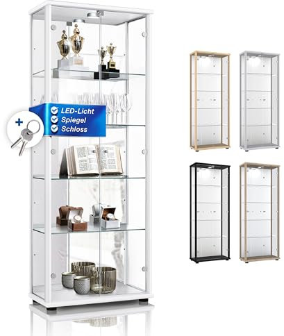 K-Möbel Glas Vitrinenschrank 2-türig (176x67x33cm) - Made in Germany - Standvitrine Weiss mit 4 höhenverstellbaren Glasböden, Spiegel, Schloss & LED - Glasvitrine Stehend - Sammler