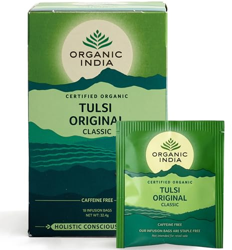 Organic India Tulsi Original Tea - Organic Holy Basil Infusion - Soothing Herbal Blend, with Rich Earthy Flavour - Caffeine-Free for Calm - 18 Individually Wrapped Tea Bags