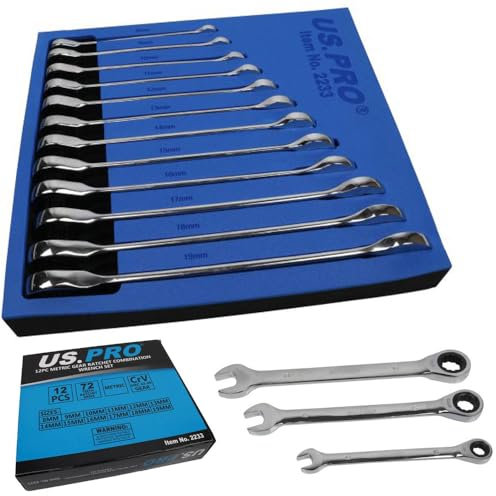 US PRO B2233 Professional Trade Quality 12 Piece Metric Combination Ratchet Spanner Set, 8-19mm