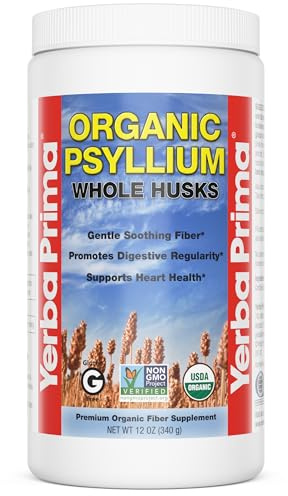 Yerba Prima Organic Psyllium Whole Husks 12 oz - Natural Dietary Fiber Supplement, Non GMO, Gluten Free, Keto and Vegan Friendly for Regularity Support, Unflavored