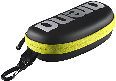 ARENA Swim Goggle Case for Swimmers Protective Hardcover Carrying Case with Clip for Backpacks, Storage and Transport, Black/Silver/Fluorescent Yellow