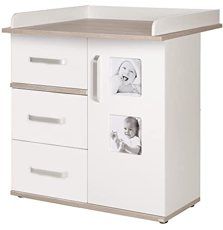 roba Wickelkommode mit Wickelansatz „Moritz“, Wickeltisch mit 2 Bilderrahmen, weiß, Luna Elm