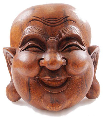 Artisanal Maschera del Buddha Rieur in legno intagliato, 20 cm