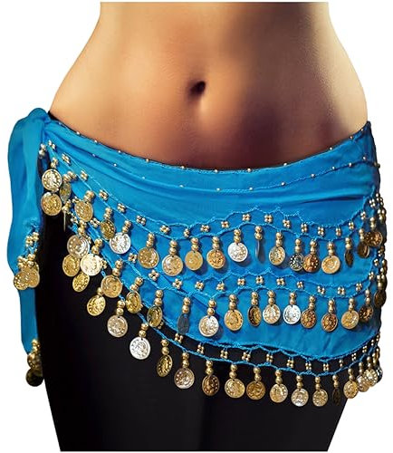MyBeautyworld24 Belly Dance Bauchtanz Hüfttuch Kostüm 128 goldfarbenen Münzen Münzgürtel Fasching Karneval Tanzaufführung Gürtel in hellblau/Marke PRECORN