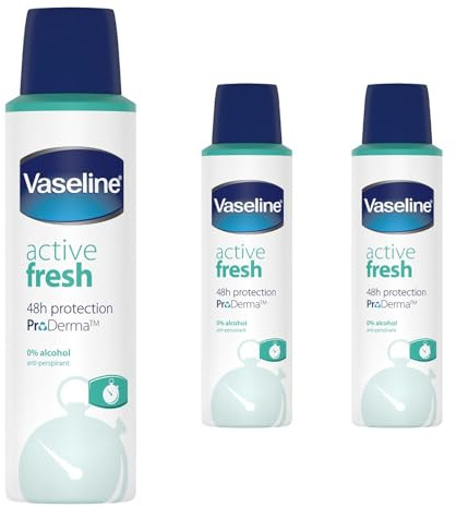 Vaseline Active Fresh Anti-Perspirant Aerosol Deodorant Pack of 3, 150ml each - 48 Hour Sweat & Odour Protection, Alcohol Free, Unisex Body Spray for Sensitive Skin