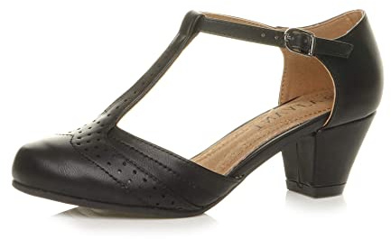 AJVANI Womens Ladies mid Cuban Heel Cut Out T-bar Mary Jane Comfort Grip Sole Brogues Sandals Shoes Size