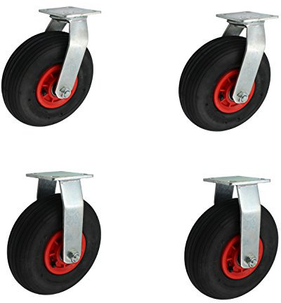Set 260 mm Luftbereifte Transportrollen 2 Stück als Lenkrolle + 2 stück als Bockrolle Kugelgelagert Tragfähigkeit 200 kg