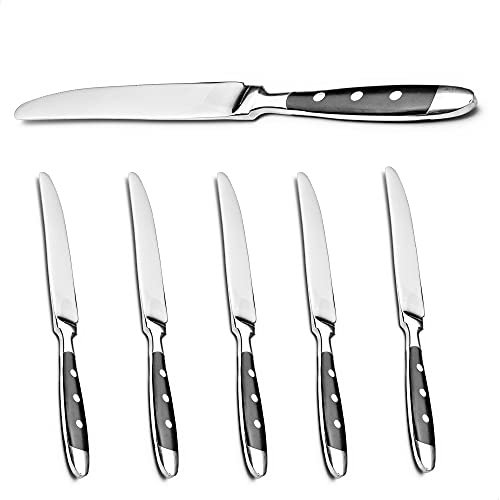 Kerafactum 6 Stück Tafelmesser Edelstahl Menümesser mit Sägeschliff | Tafel Menü Messer Messerset Fleischmesser Sägemesser mit schwarzen Griffen | Landhausstil Bistro Set erweiterbar Meat Knife