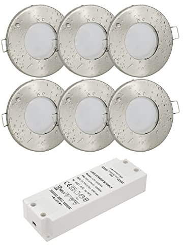 JungesLicht 6er Set 12Volt Bad Einbaustrahler IP65 Farbe: Edelstahl gebürstet DC 12V 4Watt LED Leuchtmittel 410Lumen warmweiss MR16 Fassungen und LED Trafo