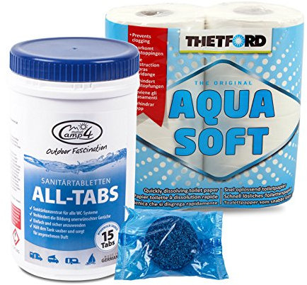 Camp4 All Tabs Toilettentabletten 15 st für Abwassertanks + 4 Rollen Thetford Aqwuasoft für Wohnmobil & Boot