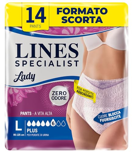 Lines Specialist Pants Plus, Mutande Assorbenti per Incontinenza Donna, Vita Alta, Femminili e Discreti, Zero Odore e Barriere Laterali Protettive, Taglia L, 2 Confezioni da 7